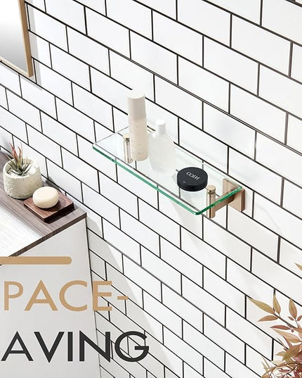 KOKOSIRI Wall Shelves Bathroom Hardware Glass Floating Shelf 12-Inch for Bedroom, Living Room, Kitchen, Hanging Rack Champagne Bronze B1105CPG-L12
