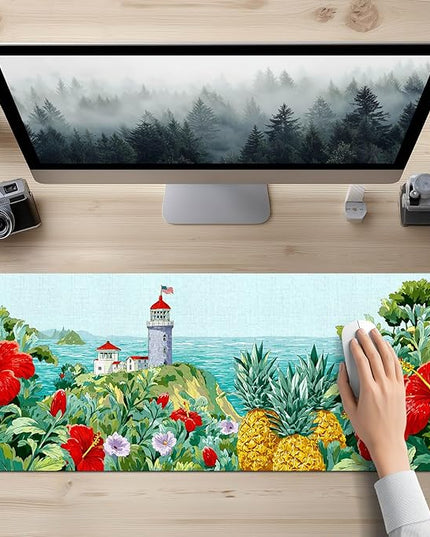 Mouse Pad Gaming Mousepad 31.5 x 11.8 Inch Coastal Lighthouse Tropical Floral Artwork and Smooth Diatomite Large Keyboard Mat XL Mouse Pad for Home and Office Desk Accessories