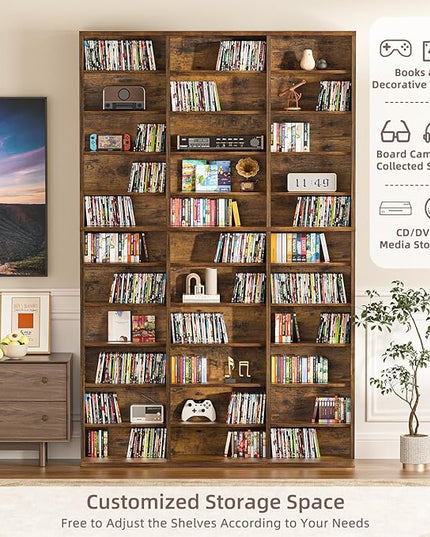 LELELINKY 11 Tier Tall Display Cabinet, Brown Media Storage Cabinet with Adjustable Shelves, Free Standing DVD Organizer Shelf, Floor Multimedia Storage Manga Bookshelf for Living Room & Home Office.