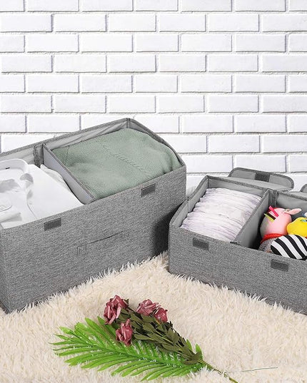 2 Pack Storage Boxes with Lids and Handles, Collapsible Linen Storage Bins Organizer Containers Baskets Cube with Removable Divider for Home Bedroom Closet Office (Grey, Small)