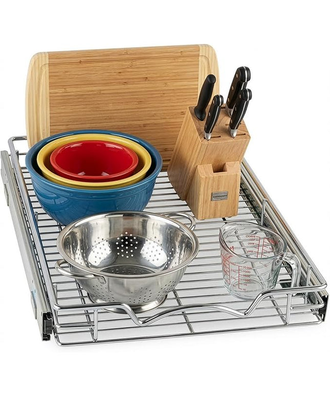 HOLDN’ STORAGE Pull Out Cabinet Organizer, Heavy Duty Caddy w/Lifetime Limited Warranty -14”W x 21”D - Requires At Least 15-1/4” Cabinet Opening, Steel Metal Cabinet Drawers Slide Out, Chrome