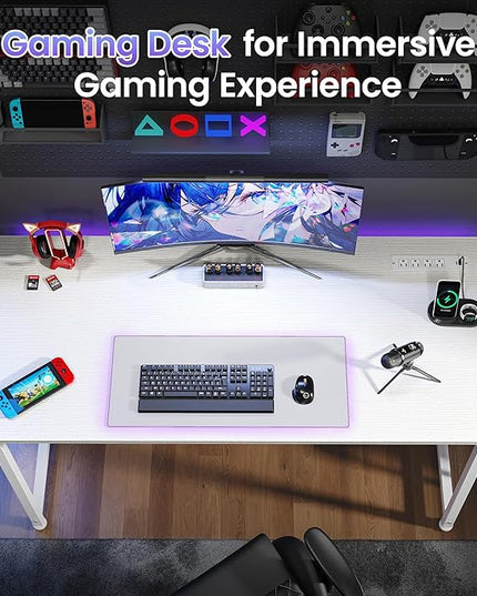 PRAISUN 47 X 20 Inch Office Computer Desk with Power Outlets and USB-C Port, Larger Gaming Desk, for Home Office, Study, Bedroom, Writing Work from Home Table, Metal Frame, White