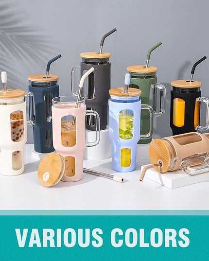 Glass Tumbler with Lid and Straw, 46 oz Iced Coffee Cup with Handle, Large Water Bottles with Silicone Sleeve, Glass Cup with Straws - Pearl Straw & Drinking Straw BPA Free-White
