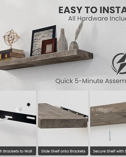 Floating Shelves Reclaimed Barnwood, 8" Deep Solid Wood Floating Shelf Wall Hanging Shelves with Invisible Heavy-Duty Metal Bracket | Wall Mounted | Farmhouse Style | 40 inches,2PCS,Grey