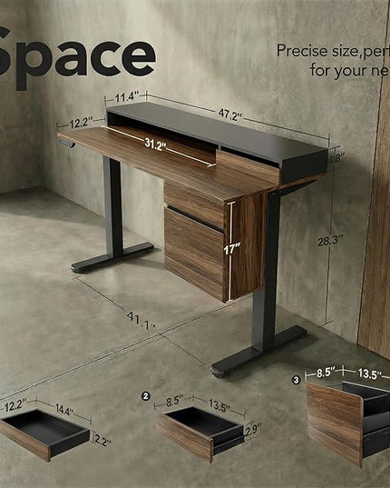 ErGear Electric 47 inch Standing Desk with Drawers and File Cabinet, Adjustable Stand up Desk with Storage, Ergonomic Sit Stand up Table Compatible Monitor Stand, Black Walnut