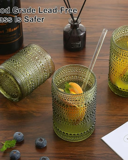 Vintage Glassware Drinking Glasses Set of 12,Green 12oz & 15oz Hobnail Glass Cups,Embossed Water Tumbler,for Beer,Cocktail,Whiskey,Juice and Various Mixed Drinks- 1 Cleaning Brush