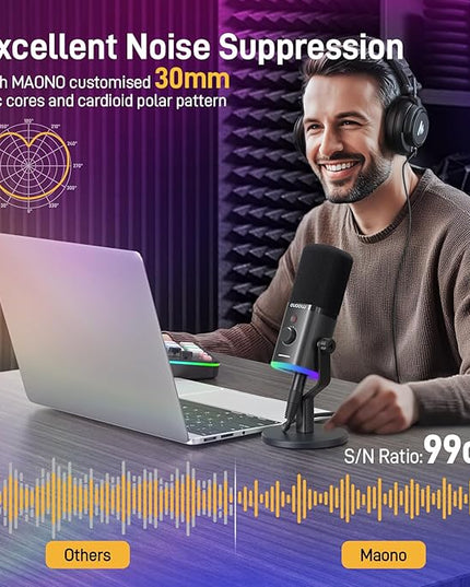 MAONO USB/XLR Dynamic Microphone for Gaming Streaming,Computer PC Microphone with Software-RGB, Mute Button, 48kHz/24bit Podcasting Desktop Mic for YouTube Video Recording PD100X