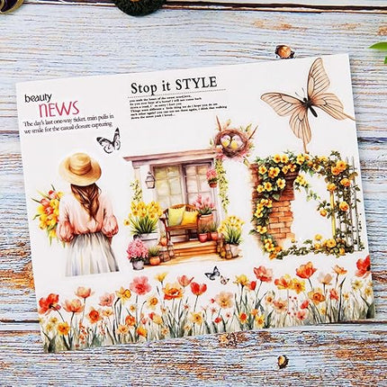 AuriicLeaf Floral Sea PET Tape Set, 3 Rolls Pre-Cut Botanical Stickers for Scrapbooking, Journaling, DIY Crafts, and Collage Art (30 mm/50 mm/55 mm)