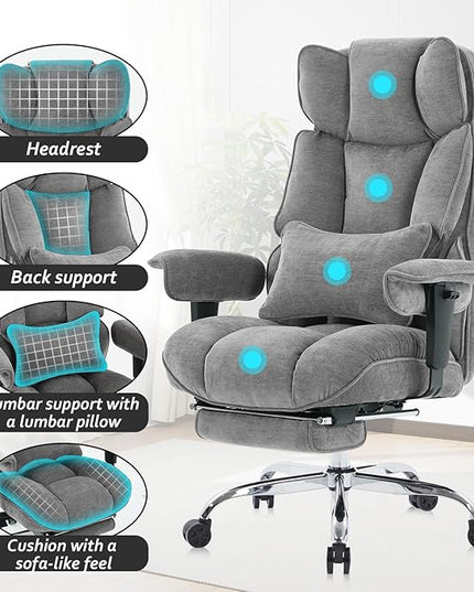 Efomao Executive Office Chair, Soft-Cushioned Computer Chair with Foot Rest, Fabric Home Office Desk Chairs, Big and Tall Office Chairs, Grey