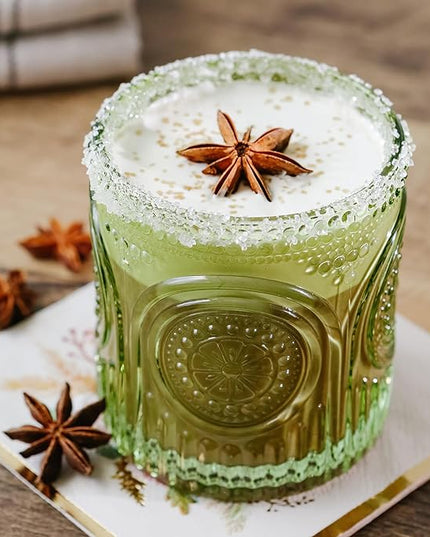 Kate Aspen Retro Arch Floral Green Drinking Glasses Set of 6-10 oz Vintage Beaded Glassware, Textured Water & Cocktail Cups, Holiday Drinkware, Christmas Gift Glass Set, Hostess or Holiday Gift