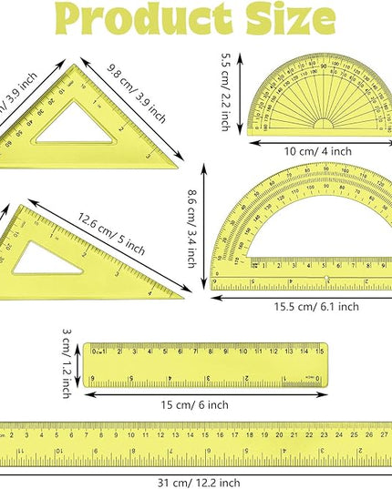 Tenare 1 Set Plastic Clear Math Set Includes Protractor Triangle Rulers 12 Inch 6 Inch Straight Geometry Math Transparent Ruler Measuring Tool for School Office Home Supplies(Yellow)