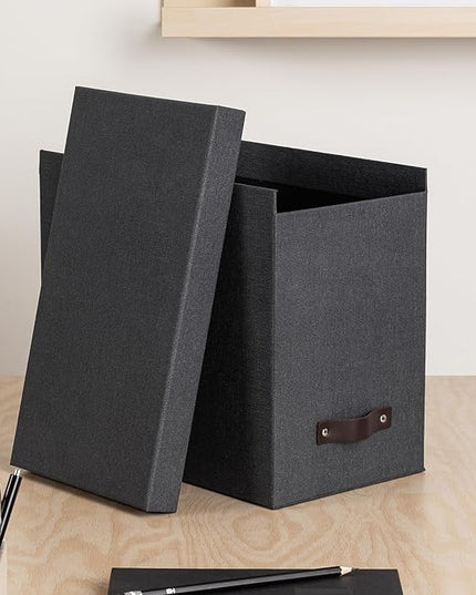 Bigso John Desktop File Box - Storage Solution and Document Organizer for Important Paperwork - Durable Hanging File Box with Lid and Leather Handle - 7.36 in x 13.26 in x 10.51 in - Black