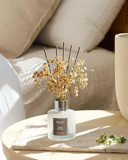 Airkeep Reed Diffuser Set,3.38 fl oz (100 ml) - Clean Cotton Oil Diffusers with 8 Reed Sticks, Home Fragrance Reed Diffuser for Bathroom Shelf Decor