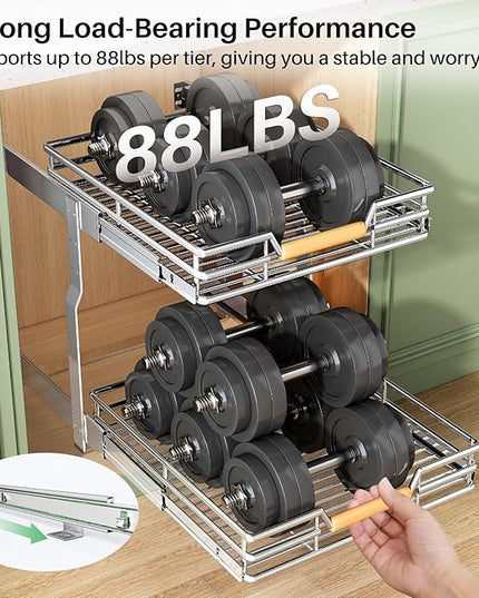 Pull out Cabinet Organizer, 2 Tiers 15"W X 21"D, Heavy Duty Smooth Sliding Under Cabinet Shelves for Pots and Pans, Full-Extension Roll out Drawers, Slide out Organization for Home Kitchen Pantry