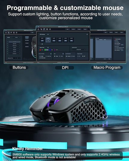 SOLAKAKA SM600 Honeycomb Shell Gaming Mouse Wireless,Tri-Modes BT5.1/2.4G Wireless/Type-C Wired Gamer Mouse with 2 Side Buttons, Macro Programmable and RGB Light for PC/Mac/Laptop,Black