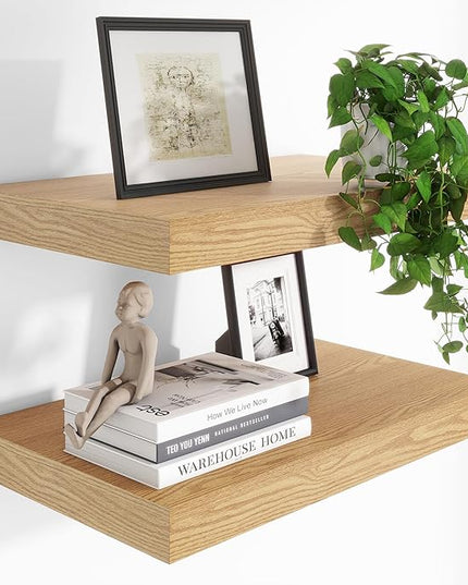 Heimlove 24 x 12 Inch Deep Floating Shelves Wall Mounted with Invisible Brackets,Storage Hanging Shelf for Wall Decor in Bathroom, Bedroom, Toilet, Kitchen, Living Room, Office Set of 2 (Oak)