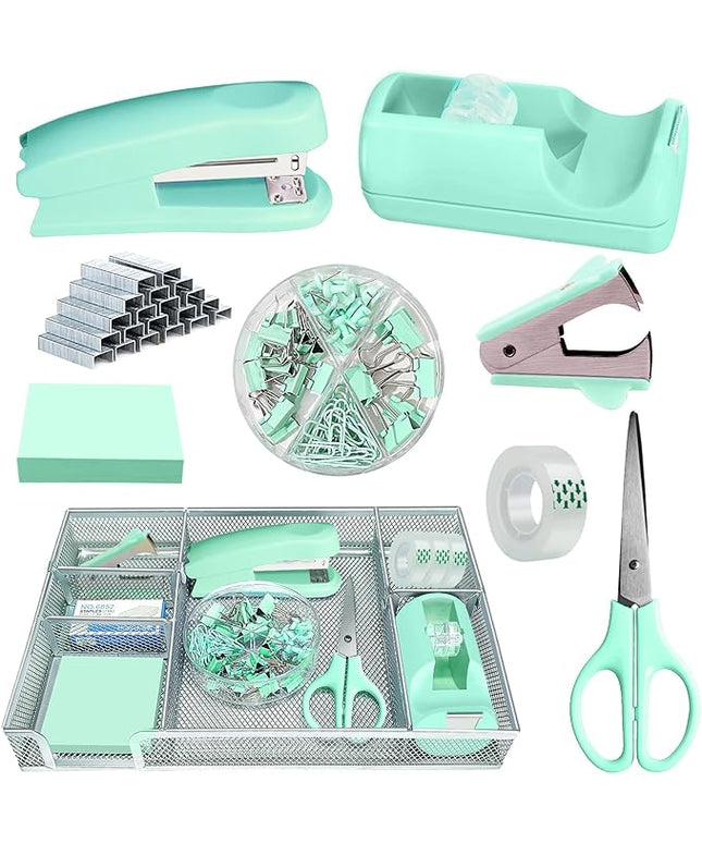Green Office Desk Accessories, Green Office Supplies Set, Desk Drawer Organizer,Stapler and Tape Dispenser Set,Tape,Staple Remover, Staples, Paper Clips, Scissor and Sticky Note