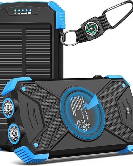BLAVOR Solar Power Bank 10,000mAh, Portable Wireless Charger, 20W Fast Charging External Battery Pack with USB C for Cell Phones, Solar Panel Charging with Dual Flashlight for Camping