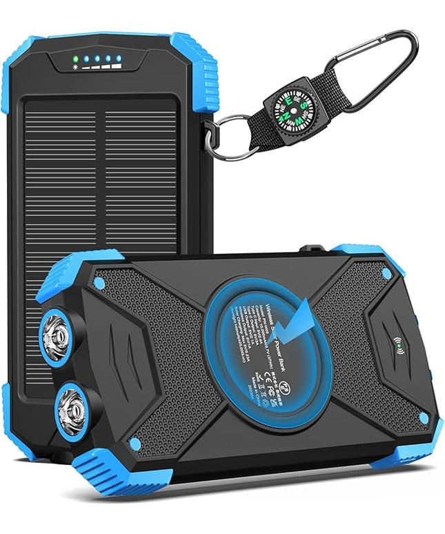 BLAVOR Solar Power Bank 10,000mAh, Portable Wireless Charger, 20W Fast Charging External Battery Pack with USB C for Cell Phones, Solar Panel Charging with Dual Flashlight for Camping