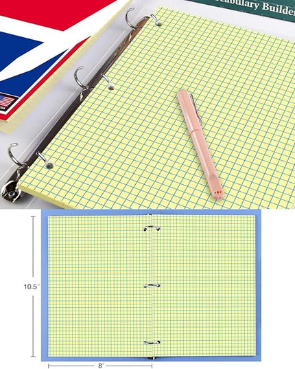 KAISA Loose Leaf Notebook Paper, 4x4 Quad Graph Ruled, 300 Sheets Per Lined Paper, 8" x 10.5", 3 Hole Punched for 3 Ring Binder, Canary, Made In USA