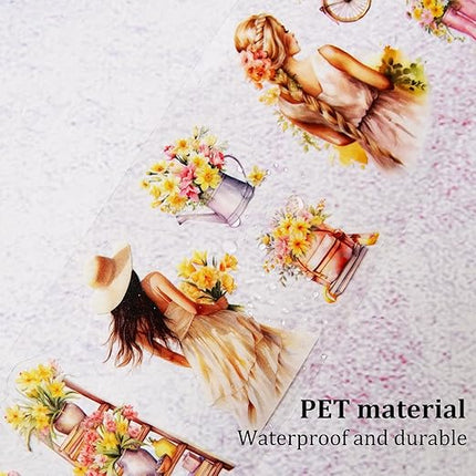 AuriicLeaf Floral Sea PET Tape Set, 3 Rolls Pre-Cut Botanical Stickers for Scrapbooking, Journaling, DIY Crafts, and Collage Art (30 mm/50 mm/55 mm)