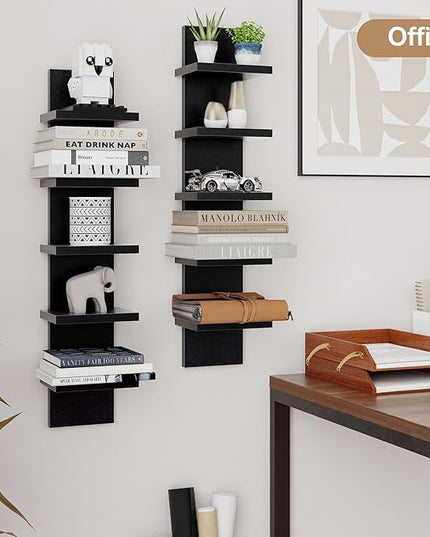 Fun Memories 5 Tier Wall Shelf Unit, Black Floating Shelves for Storage - Vertical Column Tower Design, Lack Wall Shelf Space Saving Organizer for Bedroom, Living Room, Home Decor， 2Pack