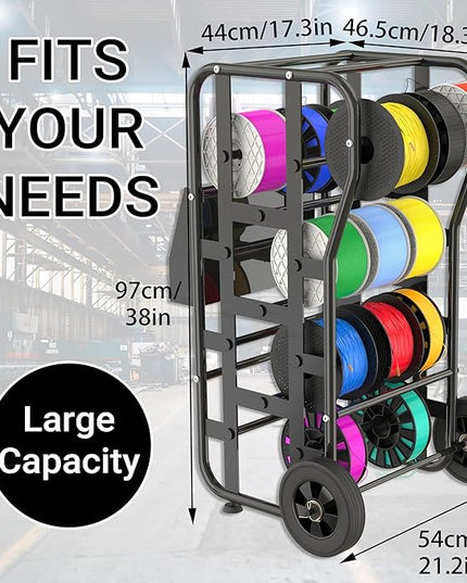 Tredre Wire Spool Rack with Wheels – Heavy Duty Cable Dispenser with 11 Rods, Mobile Wire Organizer Stand with Storage Box for Electrical & Workshop Use, Black