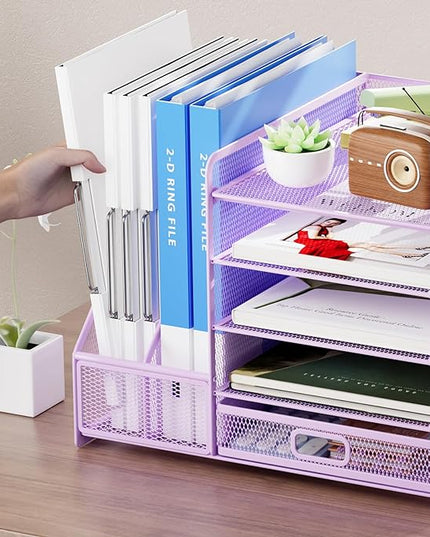 Marbrasse Desk Organizer with File Holder, 5-Tier Paper Letter Tray Organizer with Drawer and 2 Pen Holder, Mesh Desktop Organizer and Storage with Magazine Holder for Office Supplies(Purple)