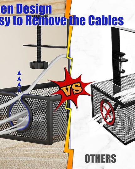 REFLYING Under Desk Cable Management Tray, Metal Long Arms (3.9in), No Drill Mesh Cable Tray, Wire Organizer, 1 Pack, Black