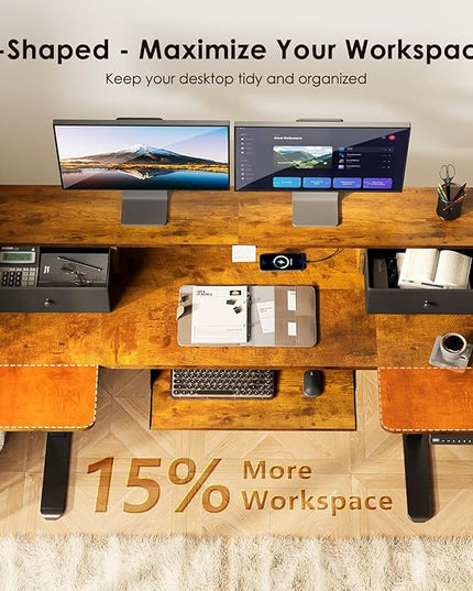 OffiGo U Shaped Electric Standing Desk with Drawers, 55 Inch Height Adjustable Desk with Keyboard Tray ＆ Ergonomic Monitor Stand, Sit Stand Table with Power Outlets for Home, Office, Rustic Brown