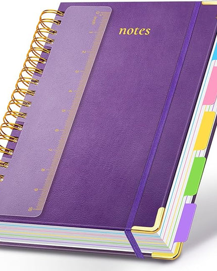 Hardcover Spiral Notebook 8.5"x11" Journal Notebook with Tabs and Removable Dividers 300 Pages 5 Subject Notebook College Ruled, Faux Leather Spiral Bound Notebook for Women School Work (Purple)