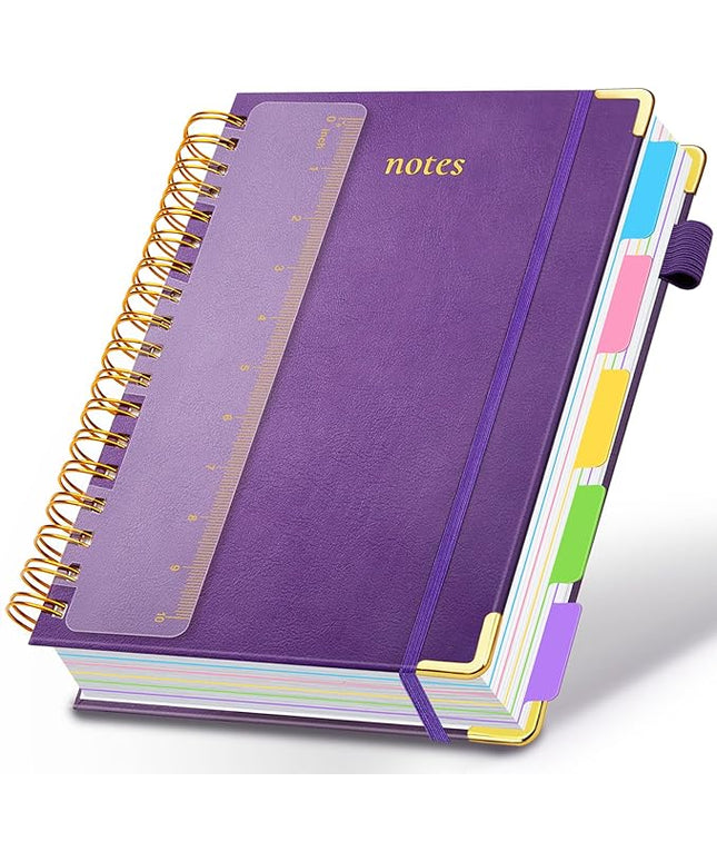Hardcover Spiral Notebook 8.5"x11" Journal Notebook with Tabs and Removable Dividers 300 Pages 5 Subject Notebook College Ruled, Faux Leather Spiral Bound Notebook for Women School Work (Purple)