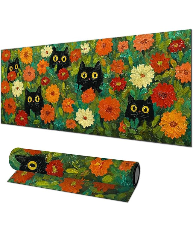 Mouse Pad Gaming Mousepad 31.5 x 11.8 Inch Large Keyboard Desktop Mat Diatomite XL Mouse Pad for Home and Office Desk Accessories with Colorful Floral Garden Cat Artwork