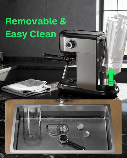 HBN 20 Bar Espresso Machine with Milk Frother, Compact Espresso Maker for Ground Coffee, Stainless Steel Coffee Machine with Steam Wand & 34oz Removable Water Tank, 1450W for Home & Office