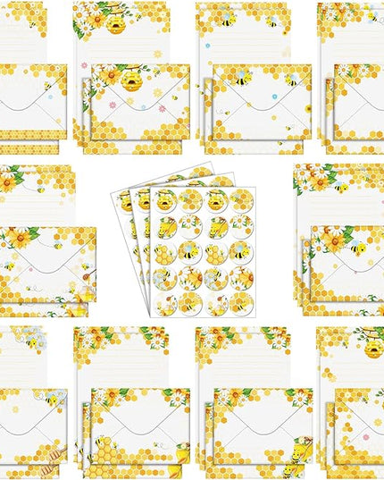 TaoBary 160 Pcs Stationery Paper Set 50 Double Sided Stationery Papers with 50 Matching Envelopes and 60 Round Dot Sticker, 10 Design(Bee,8.25 x5.5 Inch)