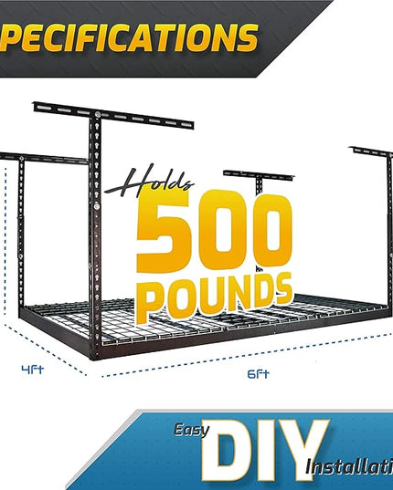 MonsterRax Overhead Garage Storage Racks 4x6 (2-Pack) Ceiling Mounted Shelving, Adjustable Hanging Storage Organizer, Heavy Duty Steel, Holds 500 Pounds, Color: Hammertone, Adjusts 18"-33” off Ceiling
