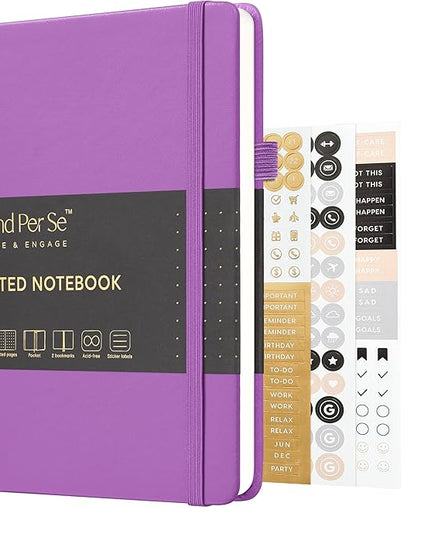 &And Per Se Dotted Journal Notebook, A5 Hardcover Leather Bullet Dotted Journal, 160 Pages 100 gsm Thick Paper, 3 Sheets of Stickers Included- 5.7'' x 8'' (Violet)