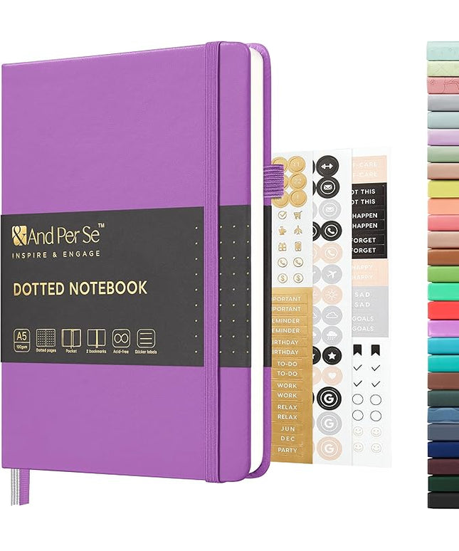 &And Per Se Dotted Journal Notebook, A5 Hardcover Leather Bullet Dotted Journal, 160 Pages 100 gsm Thick Paper, 3 Sheets of Stickers Included- 5.7'' x 8'' (Violet)