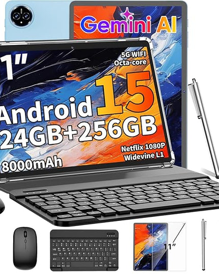 2026 Android 15 Tablet, 11 inch Tablet with Keyboard, 24GB+256GB+2TB Expand, Octa-Core, 8000mAh, Gemini AI Tablets PC with 5G/2.4G WiFi, BT5.0, GPS, 2 in 1 Tablets with Case, Mouse, Stylus(Black)