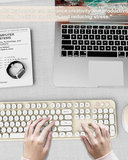 Wireless Keyboard and Mouse Combo, Ergonomic Full Size Typewriter Retro Round Keycaps Keyboard, Compatible with Windows, PC, Perfer for Home and Office Keyboards (Beige