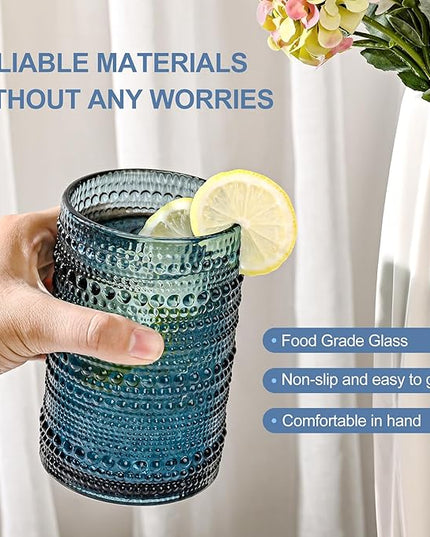 Vintage Glassware Drinking Glasses Set of 12,Blue 12oz & 15oz Hobnail Glass Cups,Embossed Water Tumbler,for Beer,Cocktail,Whiskey,Juice and Various Mixed Drinks- 1 Cleaning Brush