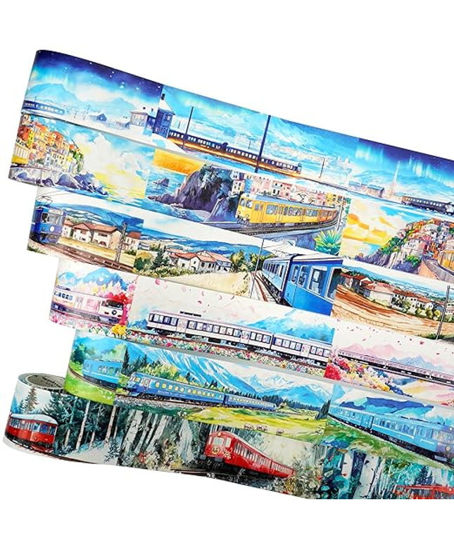 AuriicLeaf Train Scenery Washi Tape Set – 6 Rolls Travel & Nature Inspired with Clip for Scrapbook Journals DIY Crafts Decoration 1.97"x78.7" 39.37in per Loop