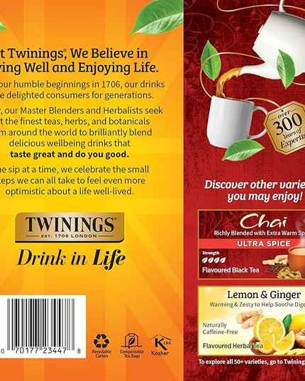 Twinings Chai Black Tea Individually Wrapped Bags, 100 Count (Pack of 1), Richly Blended with Warm Spices, Caffeinated, Enjoy Hot or Iced, 100 Teabags