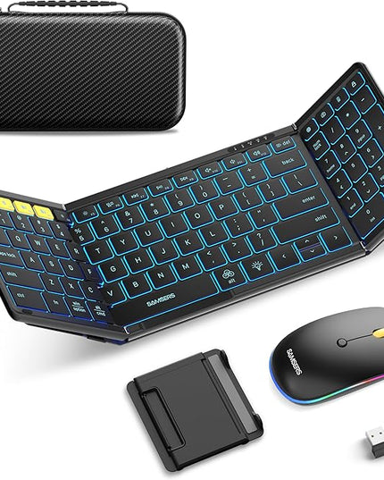 Samsers Foldable Keyboard and Mouse, Folding Bluetooth Keyboard Mouse Combo with Backlight, 2.4G + BT5.0 x 2, Full-Size Travel Keyboard & Portable Wireless Mouse for Windows/Android/iOS/Mac OS, Black