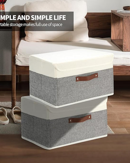 9 Pack Decorative Storage Bins Containers & Fabric Bins with Lids Storage Baskets for Shelves Drawers, Desktop, Closet, Playroom, Classroom, Office, Bedroom, Home, Garage (white/grey, 14.9X10X10)