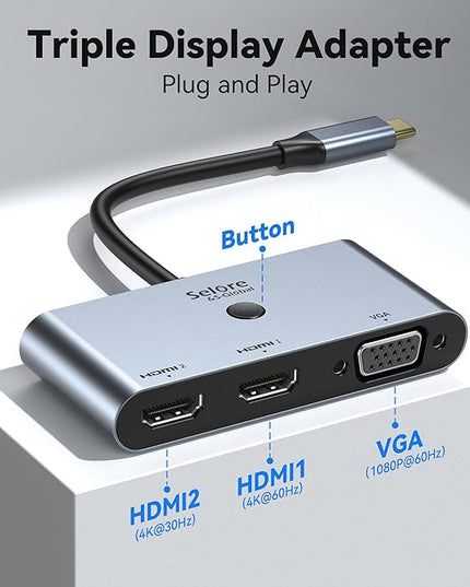 Selore USB C Docking Station 3 Monitors, USB C to Dual HDMI VGA Adapter with One-Touch Multi-Screen Switch and Screen On/Off Button, HDMI Splitter Converter for Dell, HP, Lenovo,MacBook Pro/Air, etc