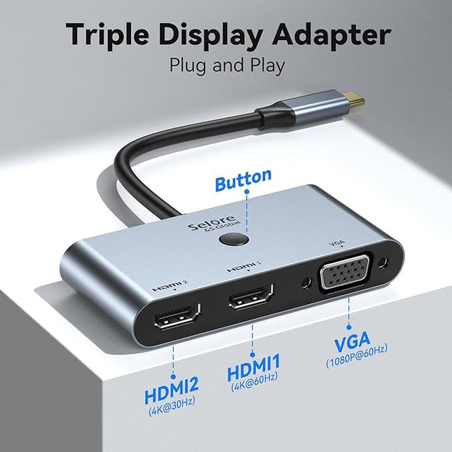 Selore USB C Docking Station 3 Monitors, USB C to Dual HDMI VGA Adapter with One-Touch Multi-Screen Switch and Screen On/Off Button, HDMI Splitter Converter for Dell, HP, Lenovo,MacBook Pro/Air, etc