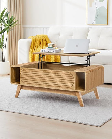 Small Lift Top Coffee Table with Hidden Compartment, Mid Century Modern Curved Coffee Table with Storage Shelf, Wooden Rectangle Center Table with Lift Tabletop for Living Room, Office (Natural)