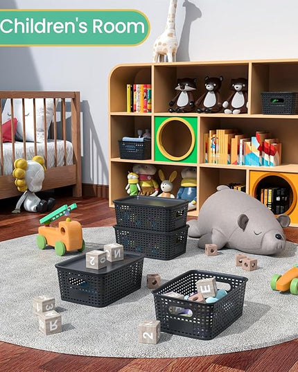 Plastic Storage Baskets with Lid-Plastic Storage Containers Stackable Storage bins: Storage Baskets for Organizing Shelves Drawers Desktop Closet Playroom Classroom Office, 8Pack-Black10.2x7.2x4.1Inch