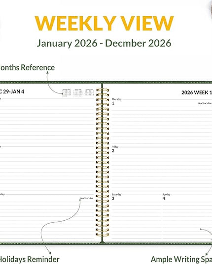 SUNEE 2026 Weekly & Monthly Planner 9"x11.2"- 12 Month (January 2026 - December 2026), Vegan Leather Cover, Pocket, Bookmark, Notes, Monthly Tab, Deep Green